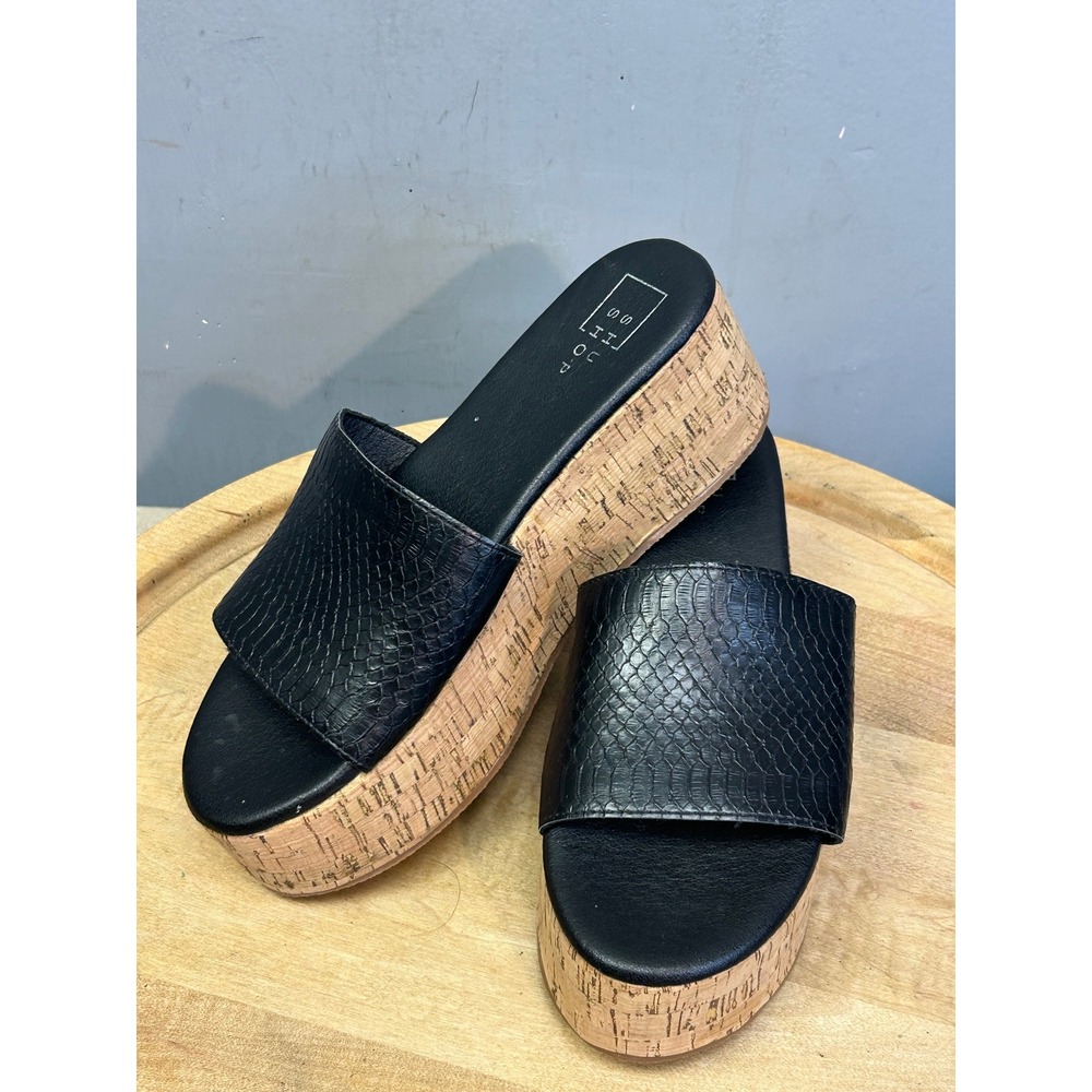Shu Shop Platform Slides Womens 7.5‎ Black Milagros Snakeskin Cork Wedge Sandals